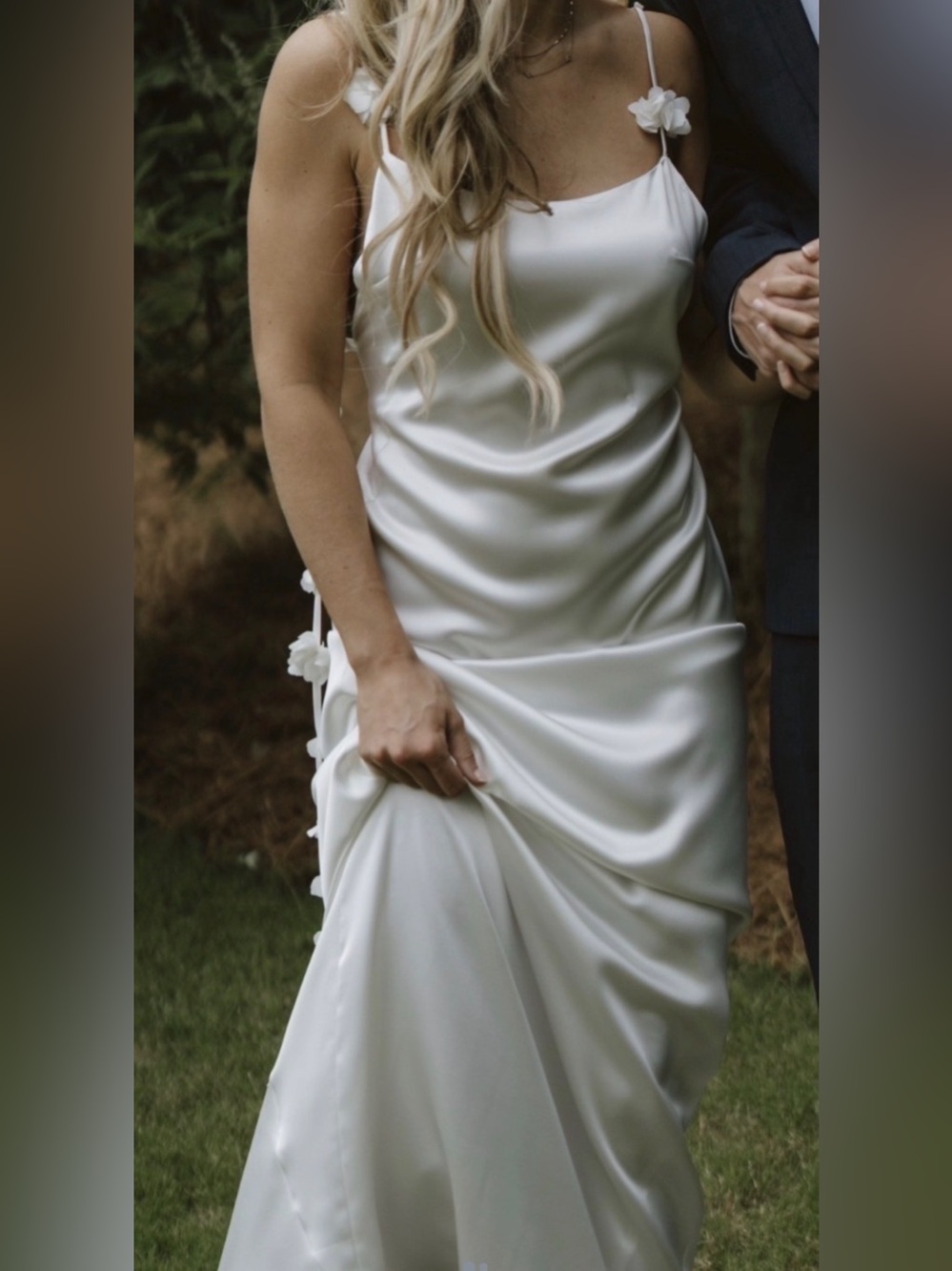 Elegant White Satin Slip Dress with 3D Floral Straps size XXS